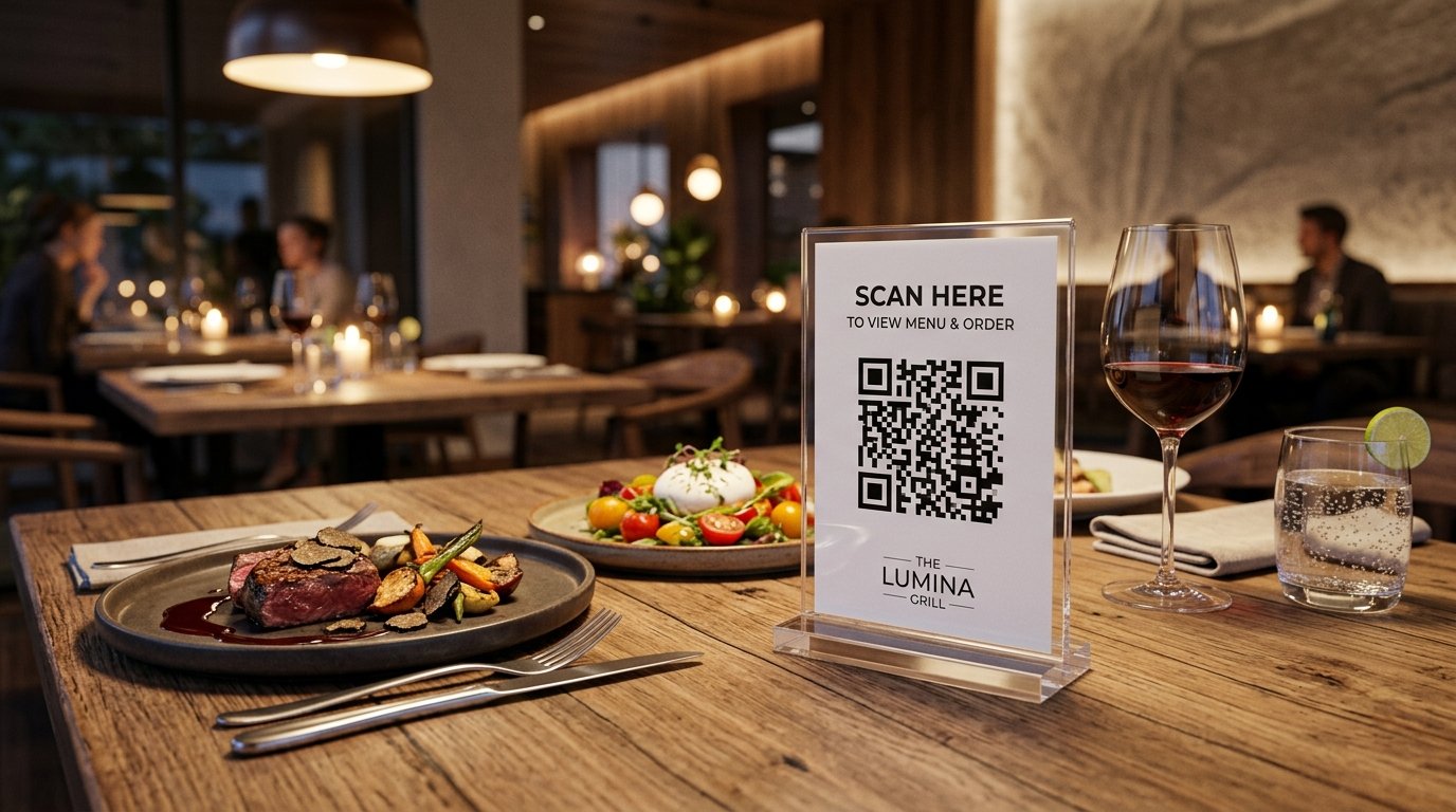 QR Code Stand on Restaurant Table